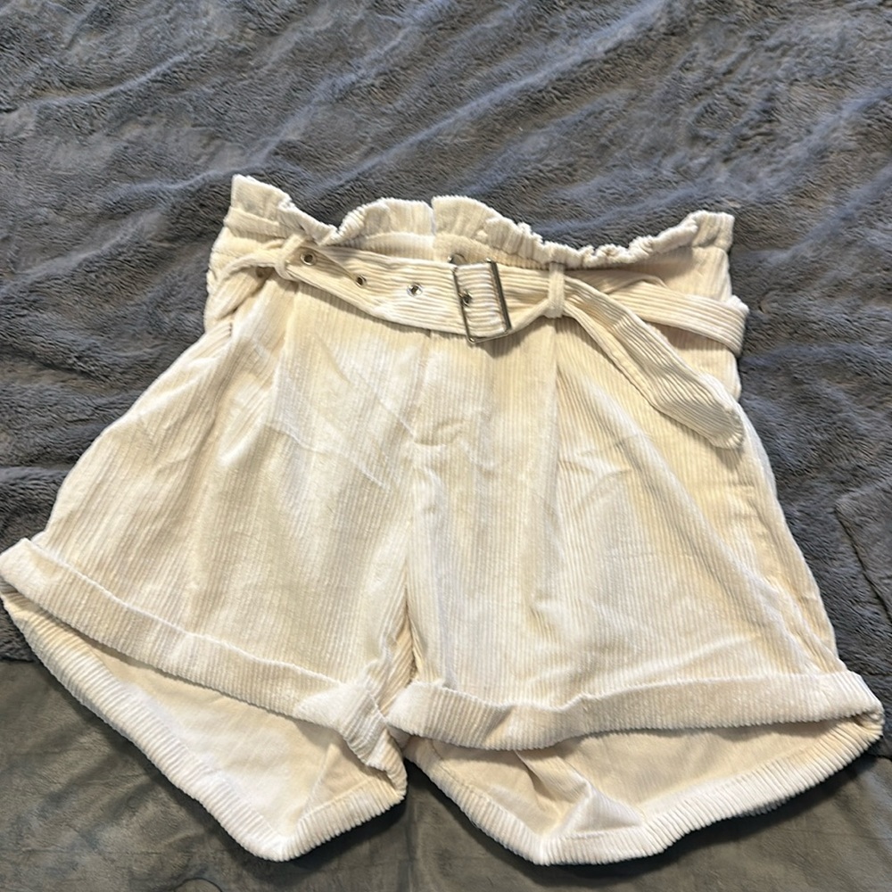 Cream corduroy paper bag shorts